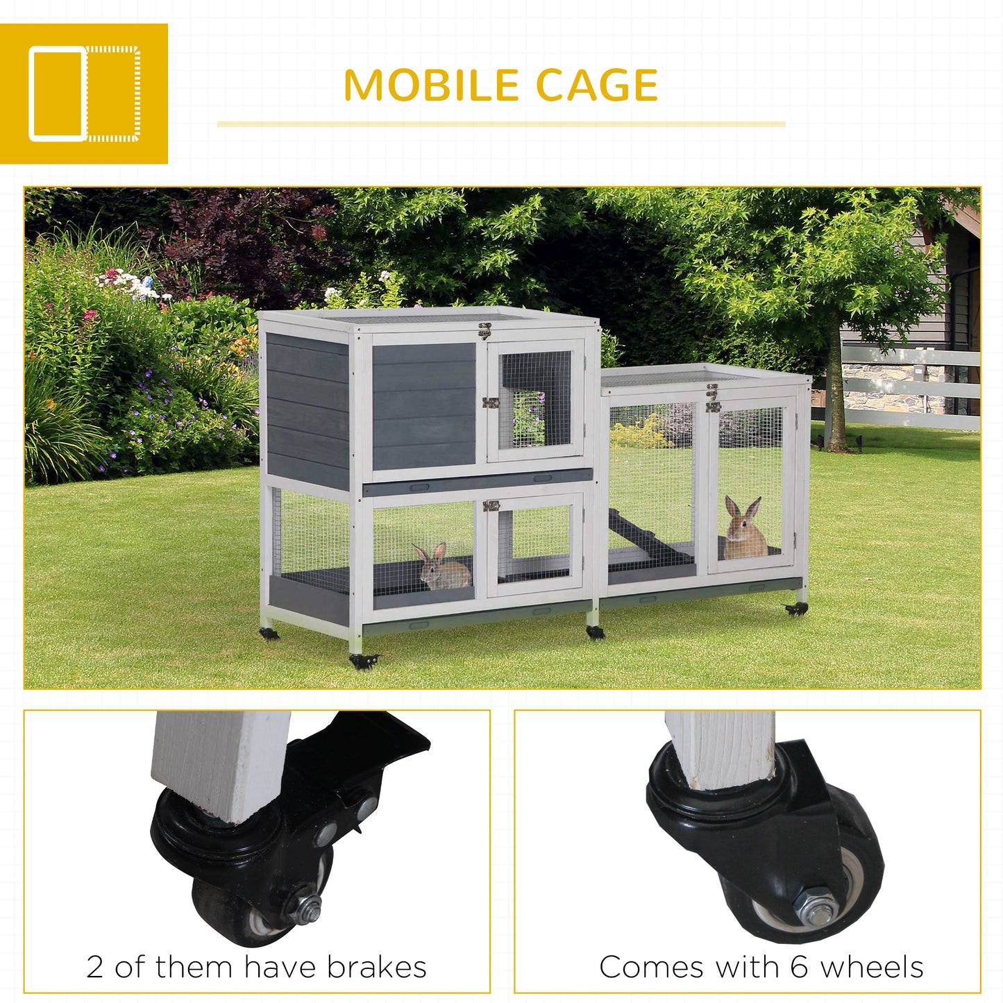 Wooden Rabbit Hutch with Elevated Pet House, Lockable Doors & Leak Tray, Gray