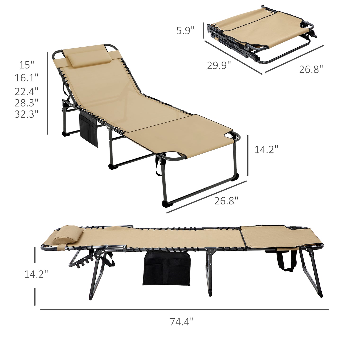 Folding Lounge Chair with 5-Position Recline and Side Pocket - Beige