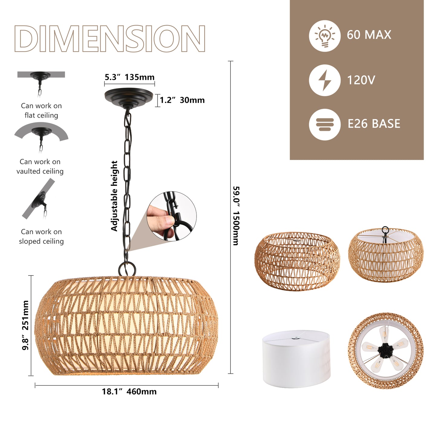 18-Inch Farmhouse Pendant Light with Adjustable Height - Boho Woven Jute Rope Ceiling Fixture, E26 Base