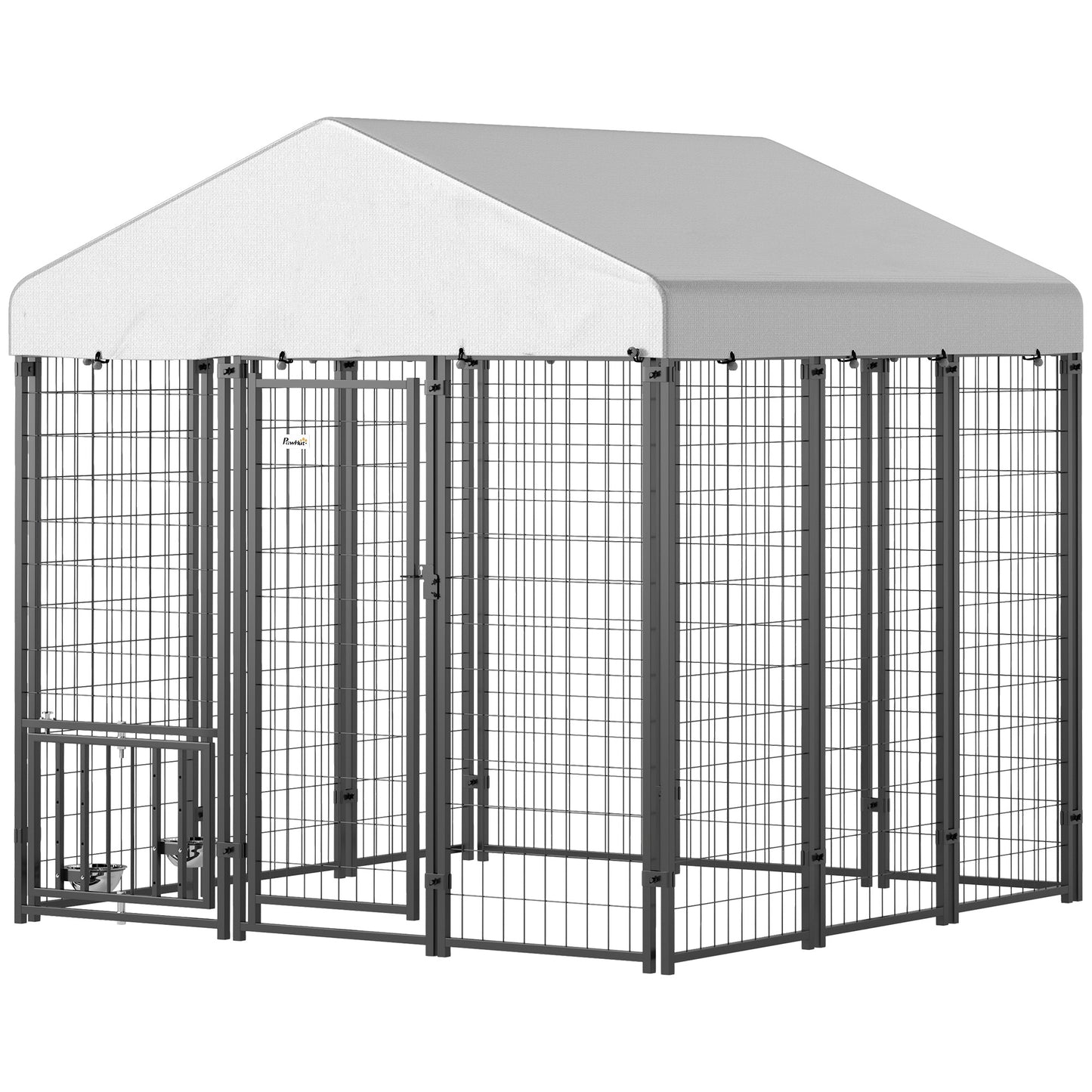 Outdoor Dog Kennel with Roof, 4-Level Adjustable Bowls & Rotating Feeder