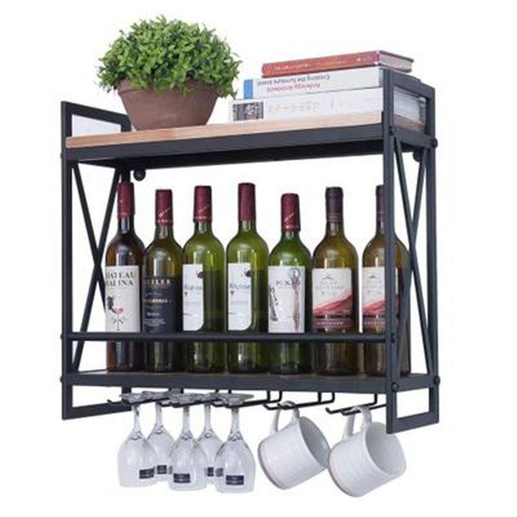 Solid Wood Wall-Mounted Wine Rack - Black, 60x20x53cm Home Storage