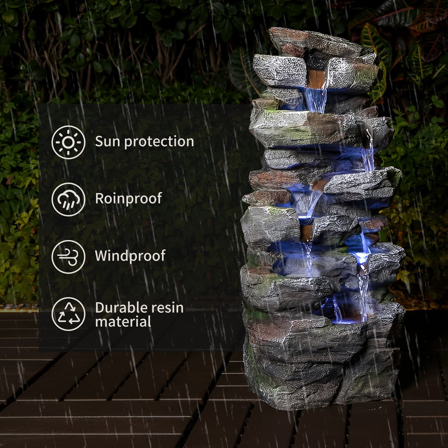 Outdoor Rock Waterfall Fountain with LED Lights for Garden Patio Lawn