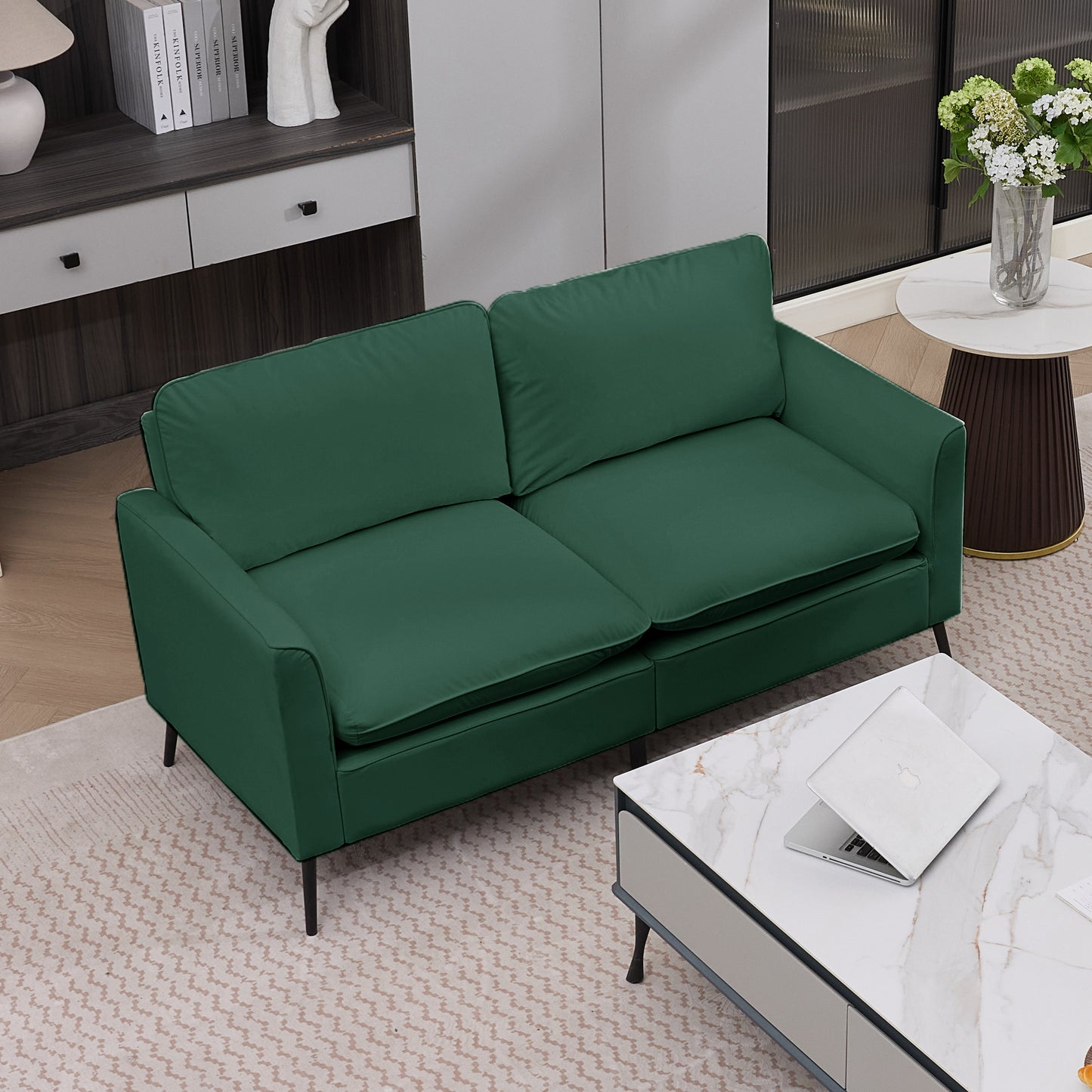 Green Leather Upholstered Loveseat Sofa - Nordic Retro Design