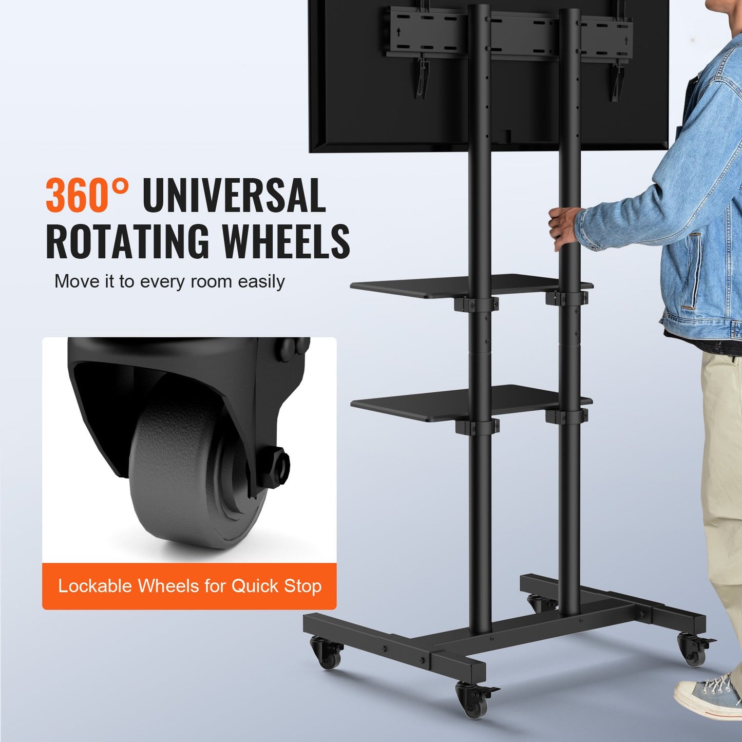 Mobile TV Stand with Wheels - Adjustable Height for 32-70 Inch TVs