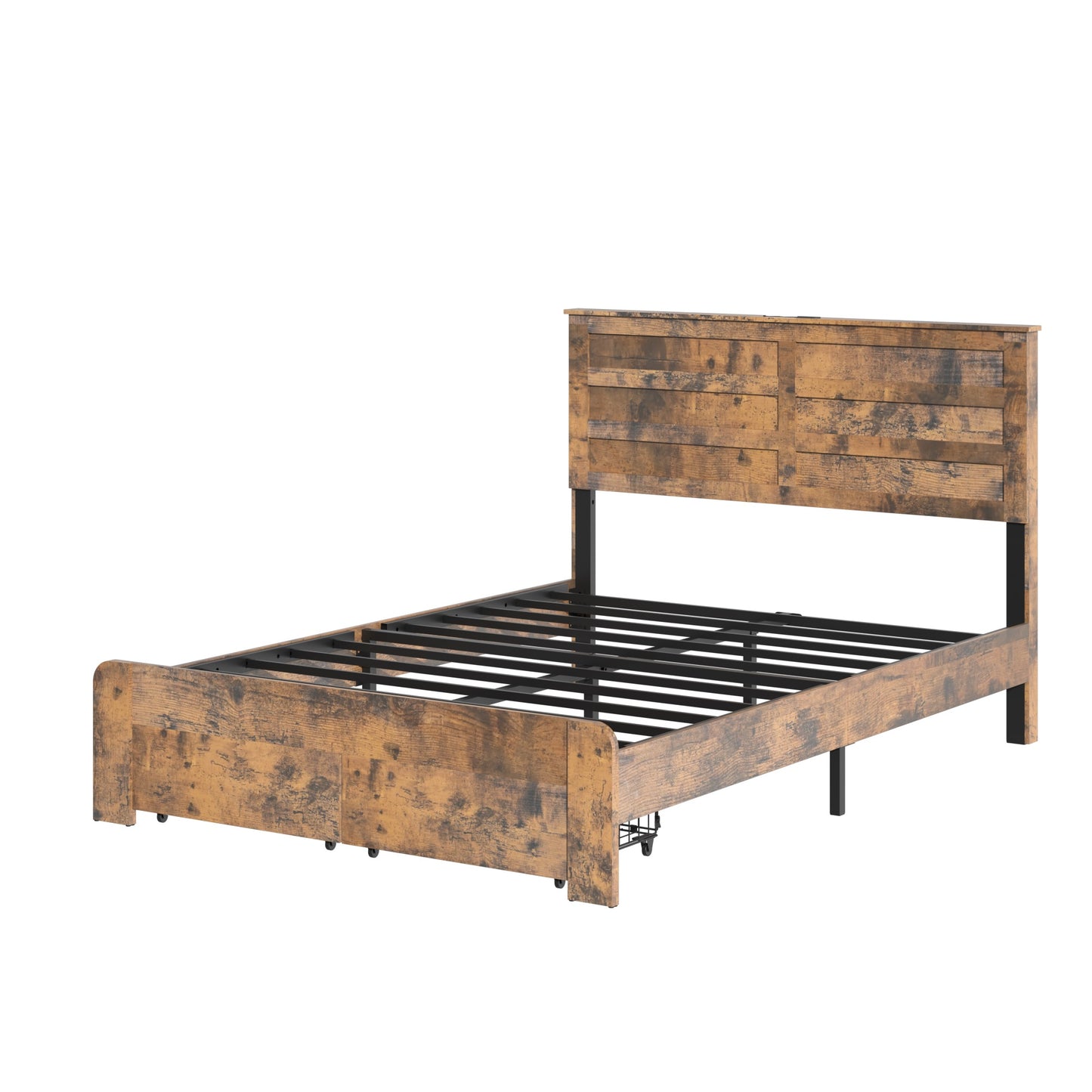 Queen Platform Bed Frame with LED Headboard, USB Charger & Drawers - Dark Brown