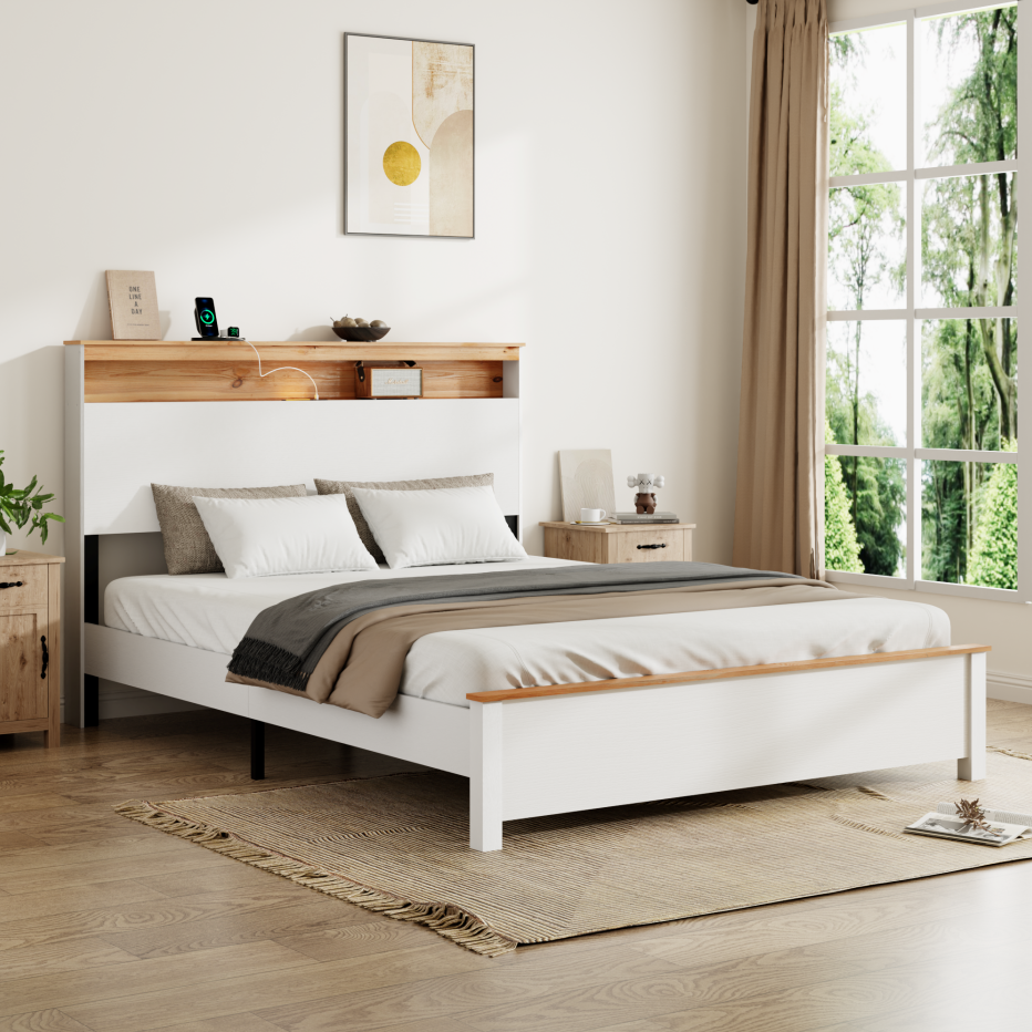 Full Farmhouse Wood Bed Frame with Storage Headboard & Charging Station