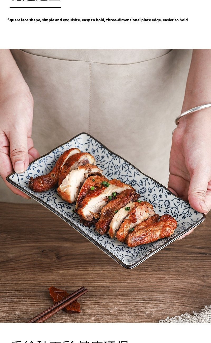 Ceramic Rectangular Plate Set - Antique Under-Glaze Dinnerware for Kitchen