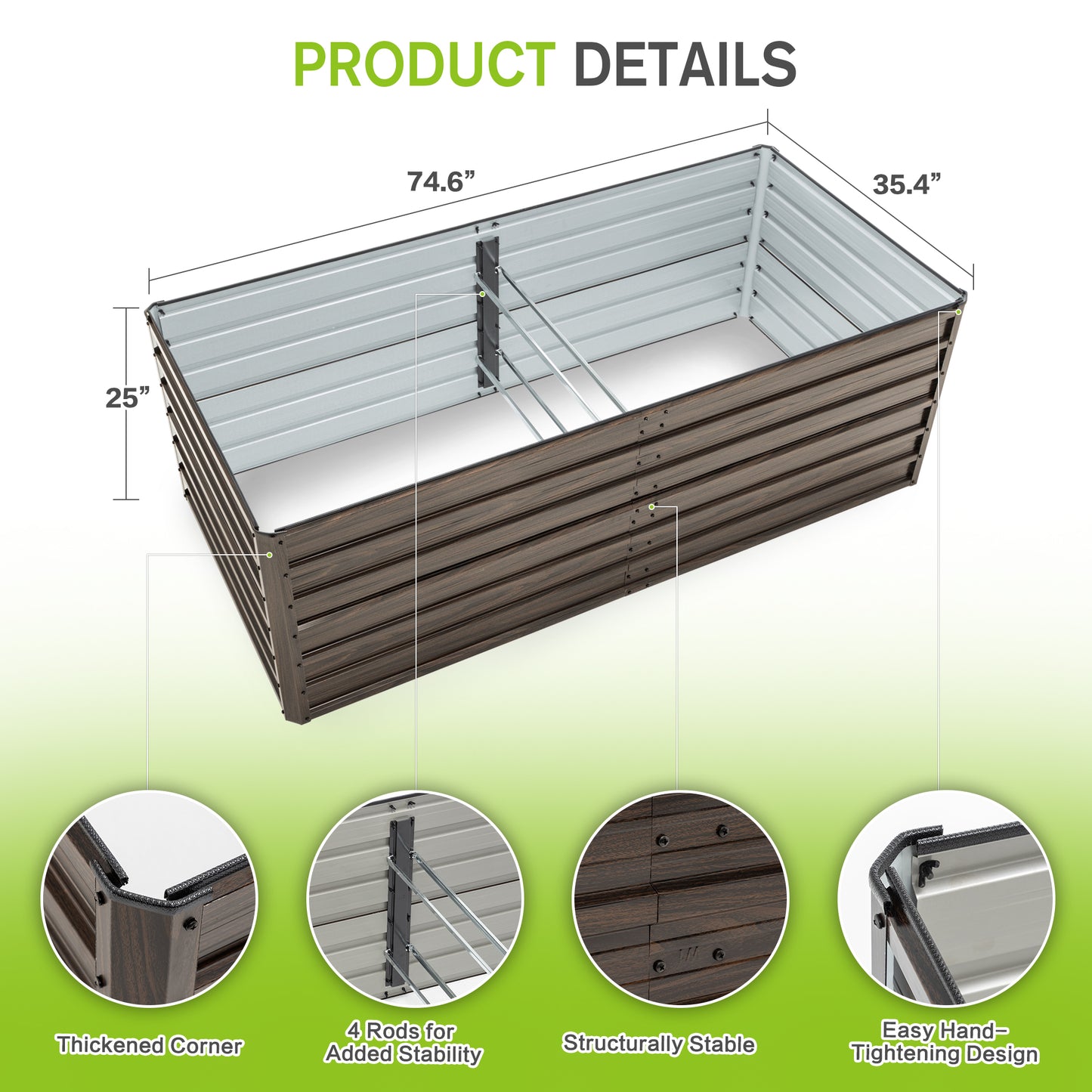 Metal Raised Garden Bed Kit - 74.6" x 35.4" x 25" - Walnut