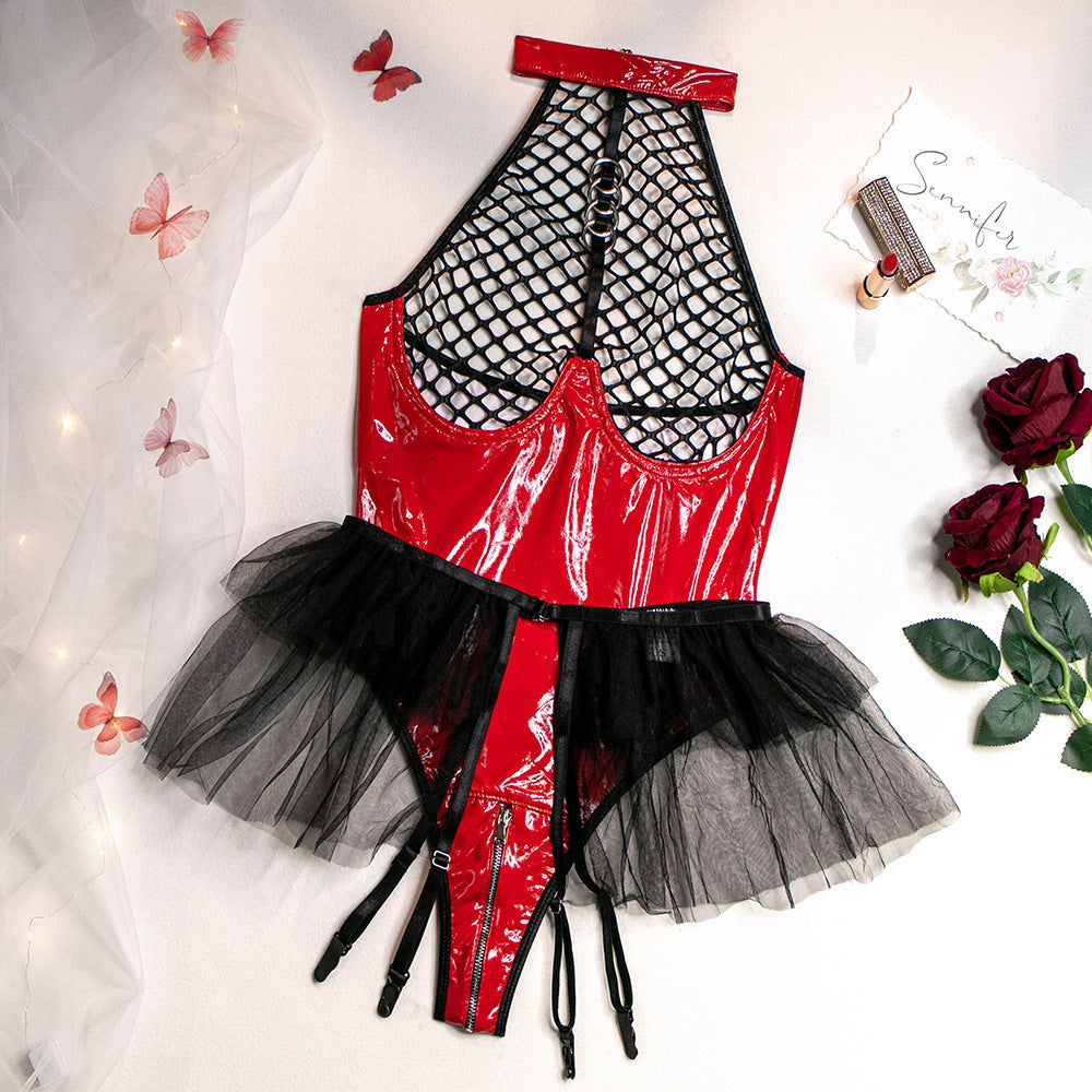 Women’s Mesh Jumpsuit with PU Patent Leather Mesh Halter Underwear
