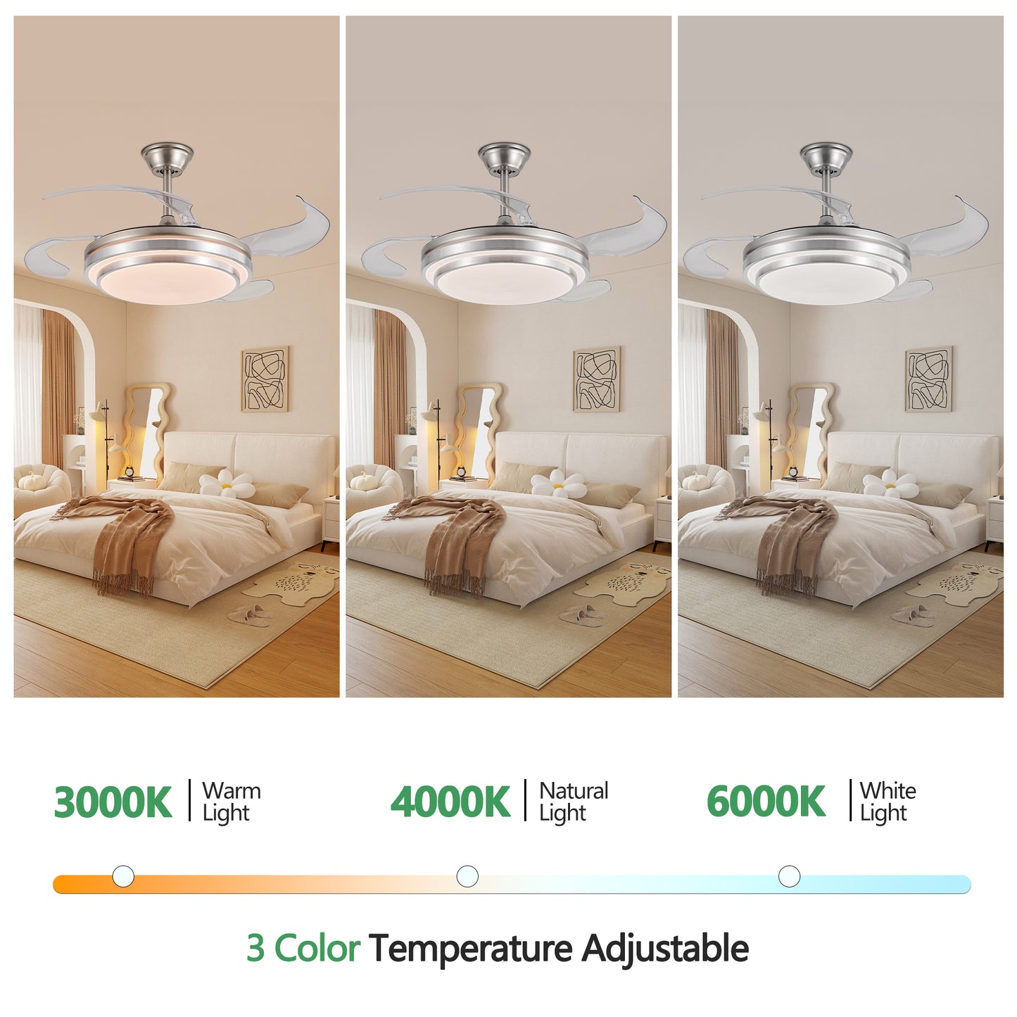 42-Inch Modern LED Ceiling Fan with Remote Control - Retractable Blades, 6-Speed, Quiet Operation