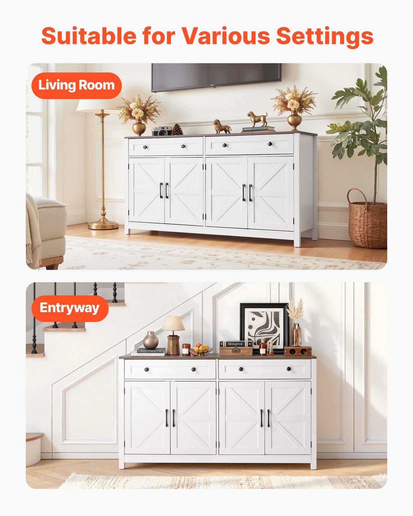 Farmhouse Coffee Bar Cabinet with 2 Drawers & Barn Doors - White