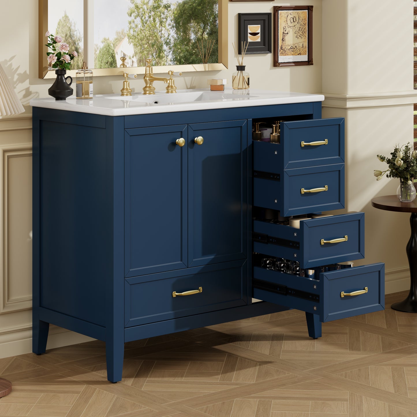 36" Bathroom Vanity with Sink - Elegant Blue Design, 4 Drawers