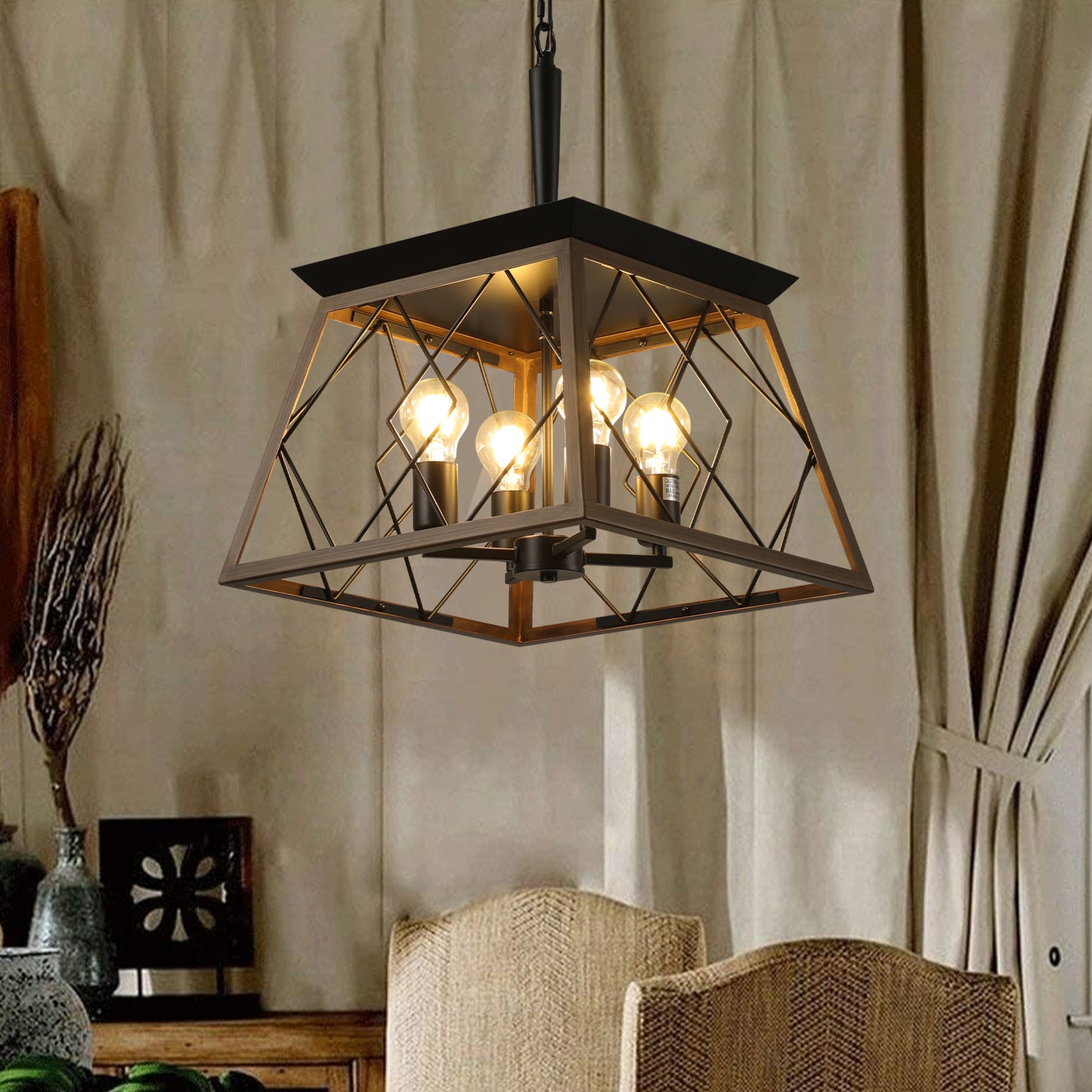 16-Inch Walnut Industrial 4-Light Pendant Chandelier - Adjustable Modern Design
