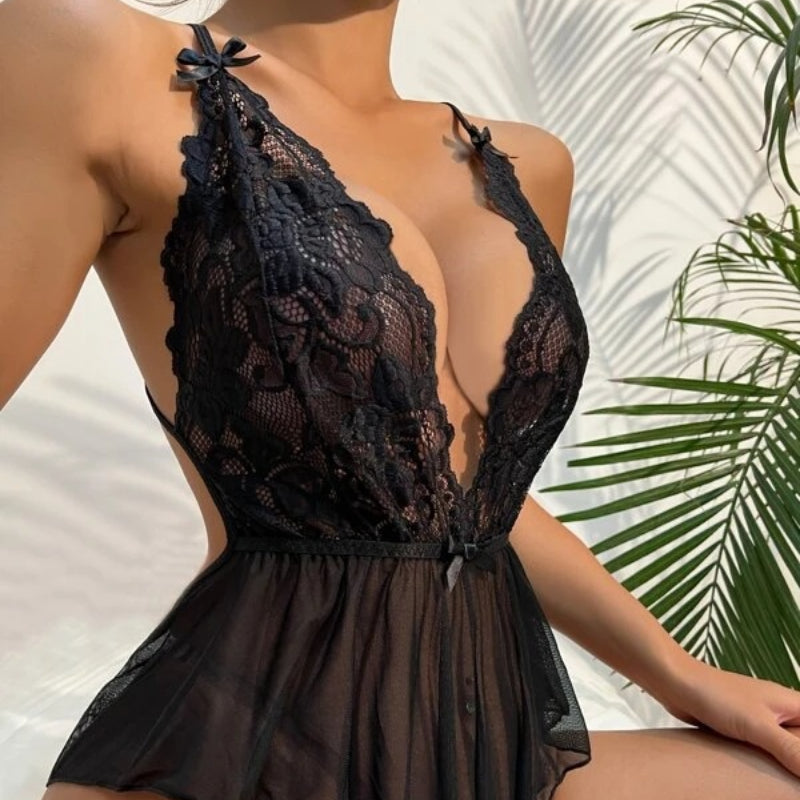 Women's Lace Mesh Patchwork Open Back Bodysuit - Black, Size S-XL
