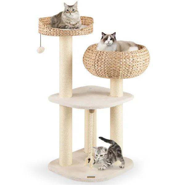 41 Inch Hand-Woven Water Hyacinth Cat Tree with Sisal Scratching Posts - Multi-Level Activity Center for Cats