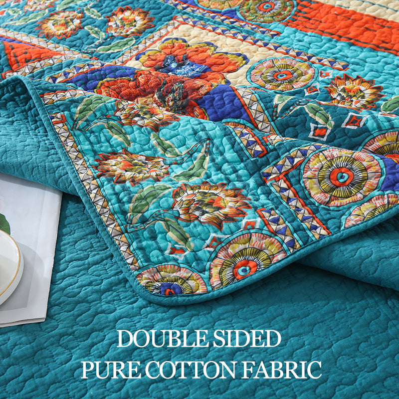 Full Queen & King Reversible Cotton Bedspread Set with Bohemian Patchwork Design