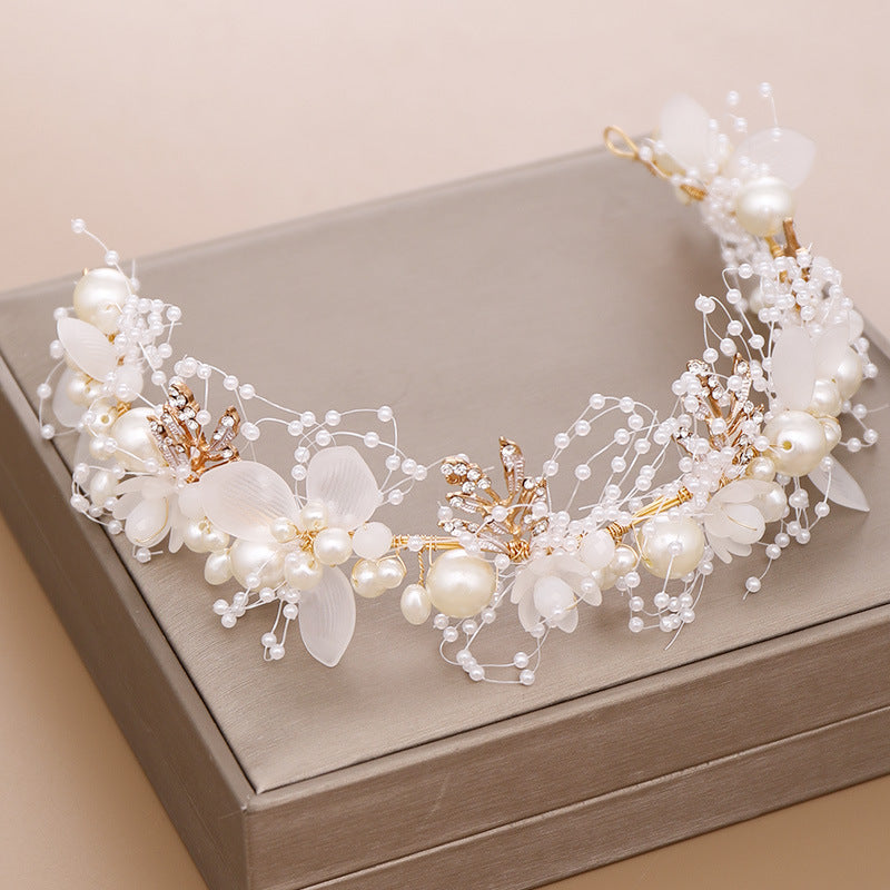 Children's Pearl Flower Headdress with Gold Leaf for Kids