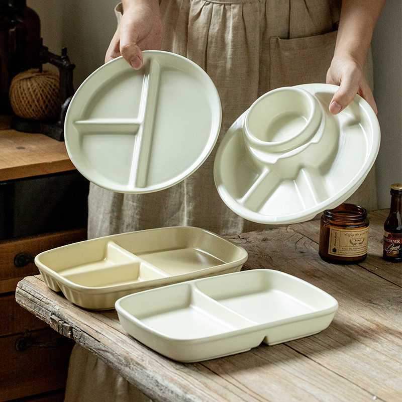 Divided Fat Reduction Ceramic Dumpling Plate – 9.5 Inch Three-Grid Porcelain Plate