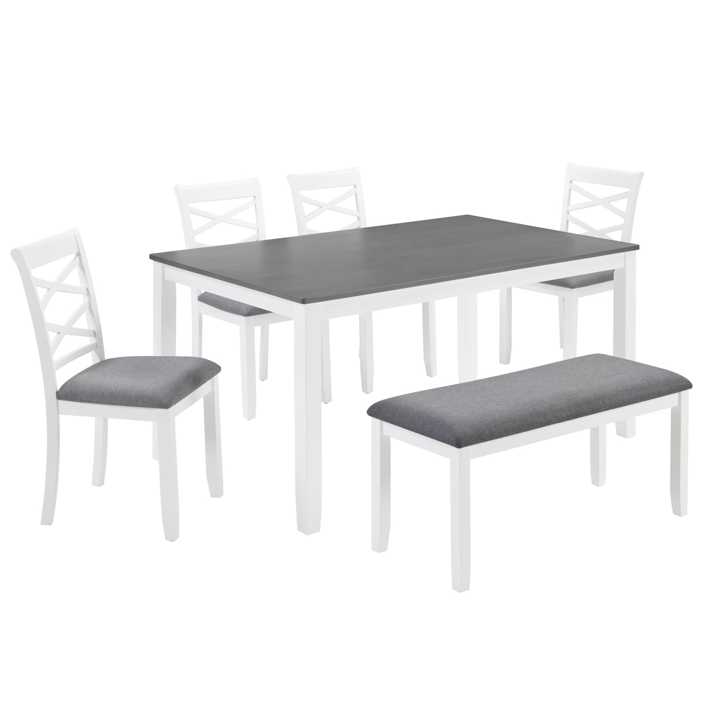 6-Piece Modern Dining Table Set with Bench - Grey & White