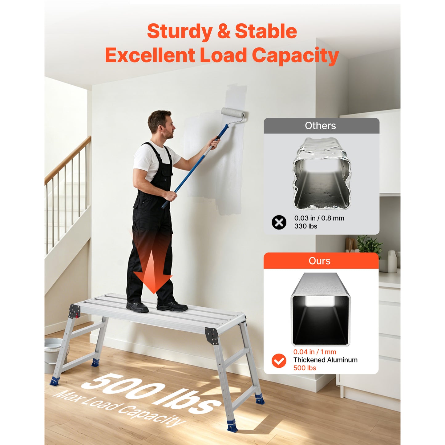 Adjustable Folding Work Platform Ladder - Heavy Duty Aluminum Step Stool, 500 Lb Capacity