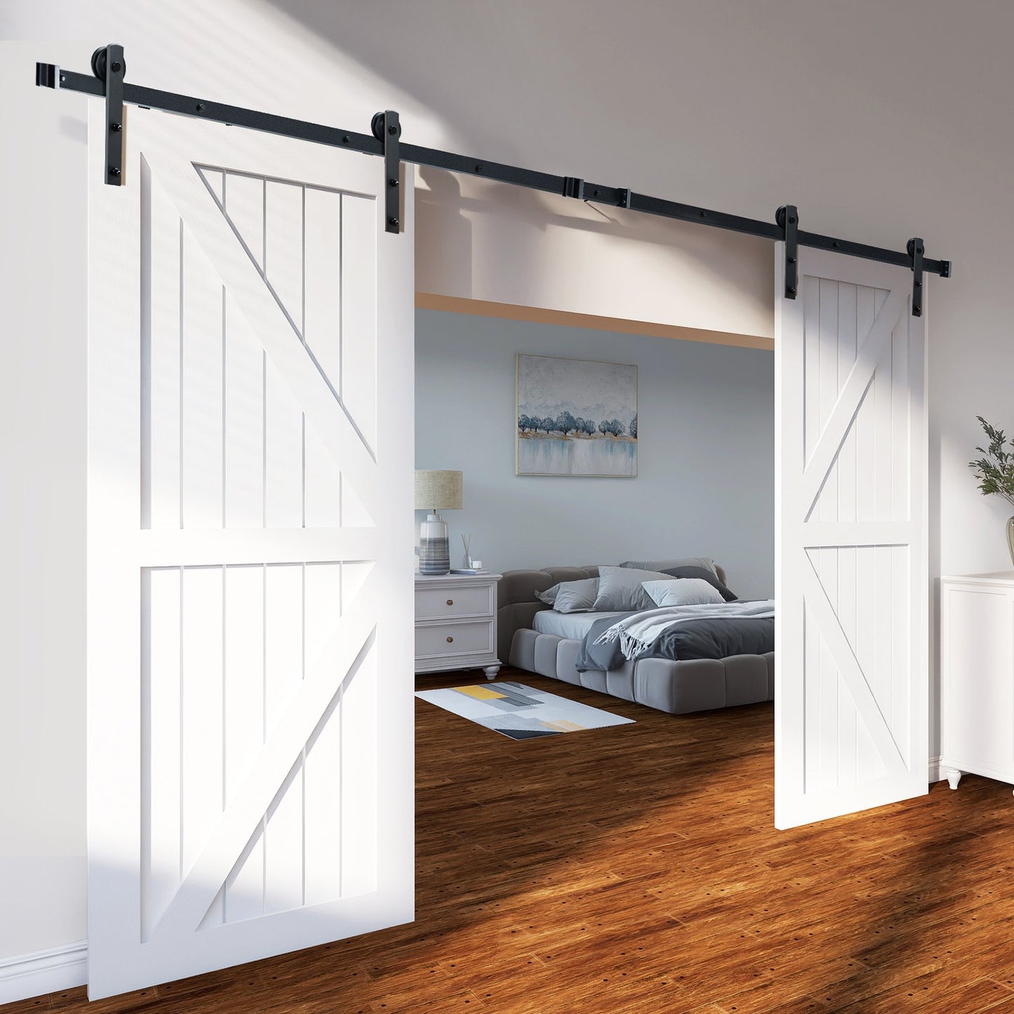 8FT Heavy Duty Sliding Barn Door Hardware Kit for Double Doors - Black