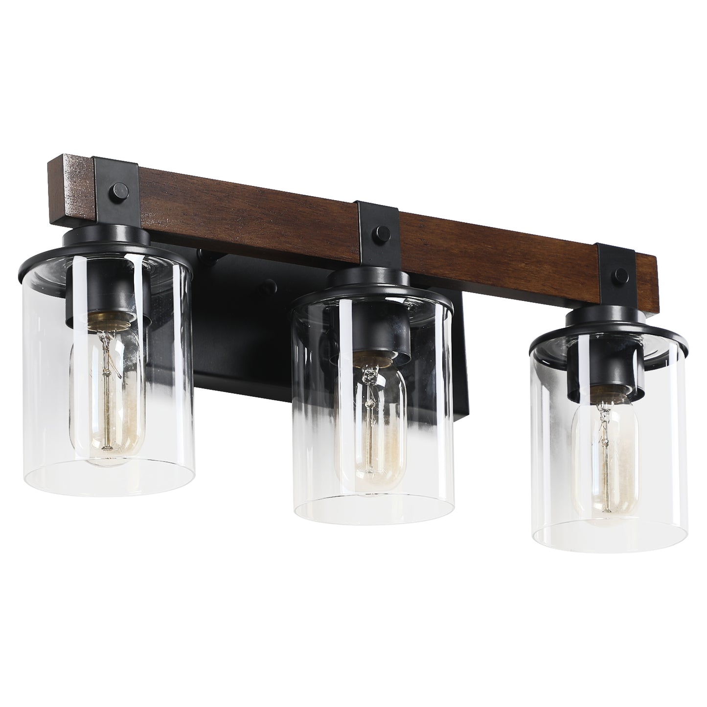 Rustic 3-Light Vanity Light Fixture with Glass Shades and Wood Accent