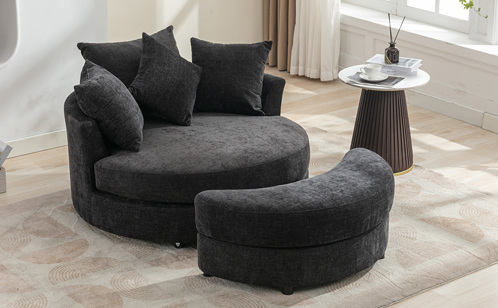 360° Swivel Accent Barrel Chair with Storage Ottoman & 4 Pillows - Gray