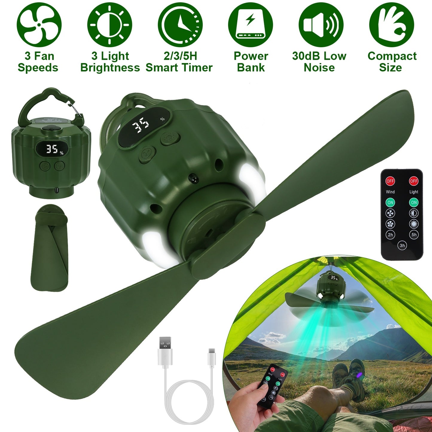 3-in-1 Camping Fan with LED Lantern and Power Bank - Rechargeable, Quiet, Detachable Blades