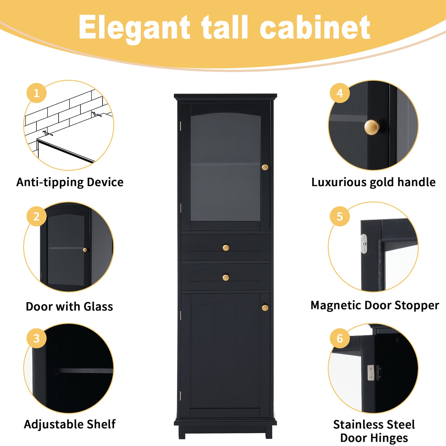 63" Tall Bathroom Storage Cabinet with Glass Doors - Black