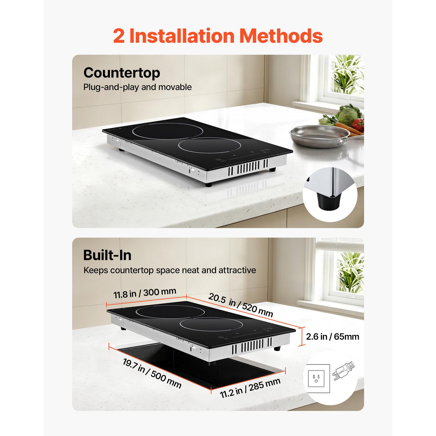 12-Inch Electric Cooktop with 2 Burners, 1800W Portable Ceramic Stove, Touch Control & Safety Features