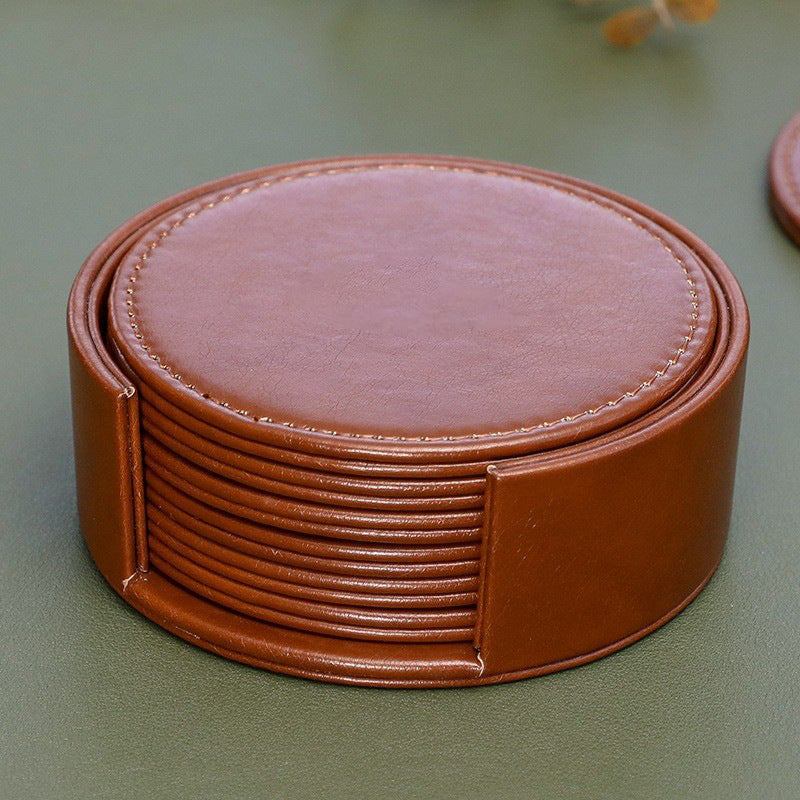 Leather Coaster Set - Heat-Insulating Brown Leather 6-Piece Round Coasters