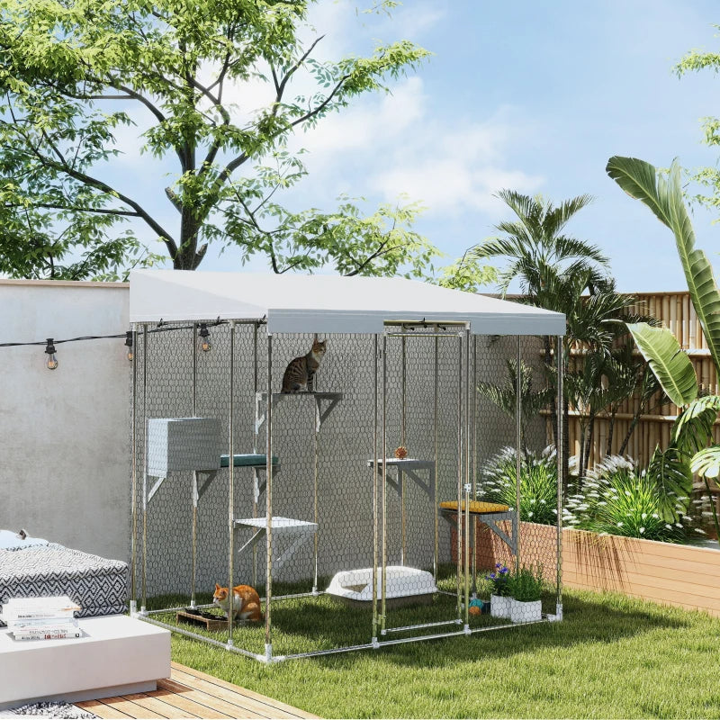 Large Galvanized Steel Catio with Waterproof Canopy & Platforms, Silver