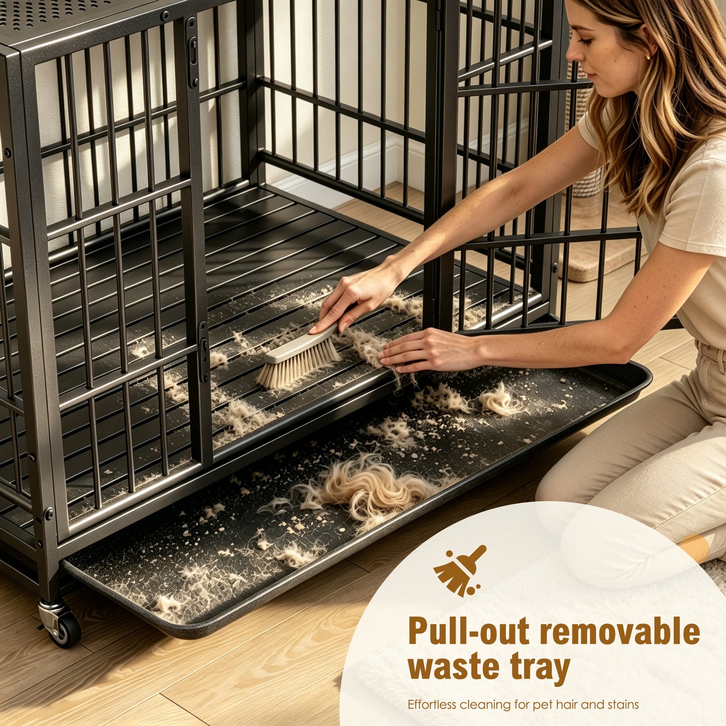 Heavy Duty Dog Crate with Lockable Wheels - Indoor Outdoor Metal Kennel, Perforated Top