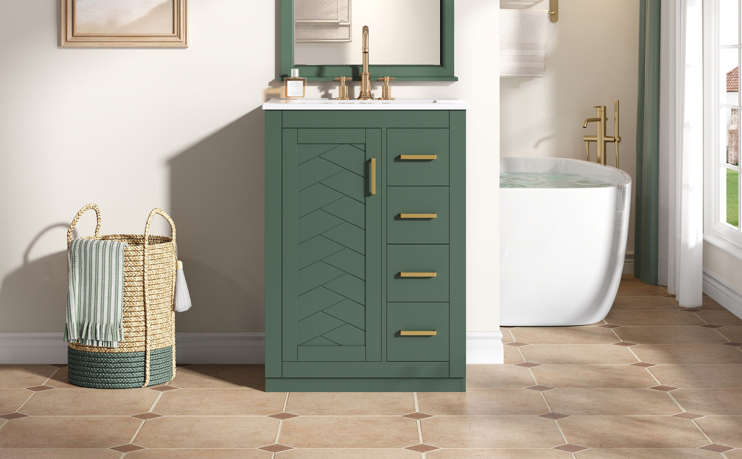 24" Green Bathroom Vanity with Integrated Ceramic Sink & 3 Drawers