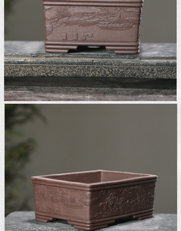 Rotating Rectangular Ceramic Flower Pot Set with Bamboo Basin - Classic Garden Decor