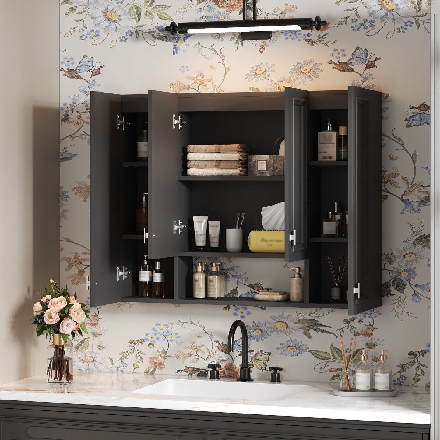 Modern Wall-Mounted Bathroom Cabinet with 5 Adjustable Shelves - Black