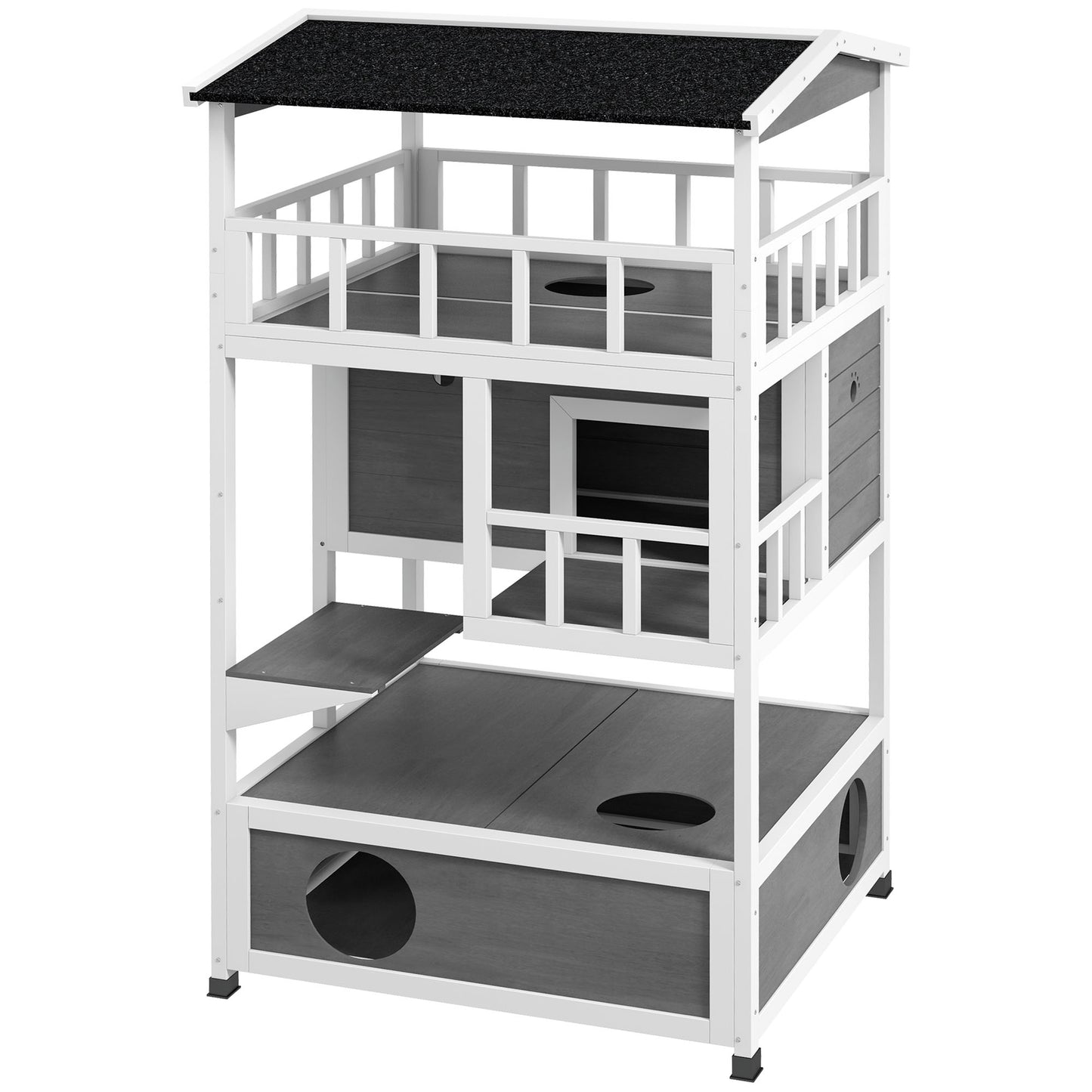 Outdoor Wooden Cat House with Asphalt Roof, Escape Doors & Jumping Platform