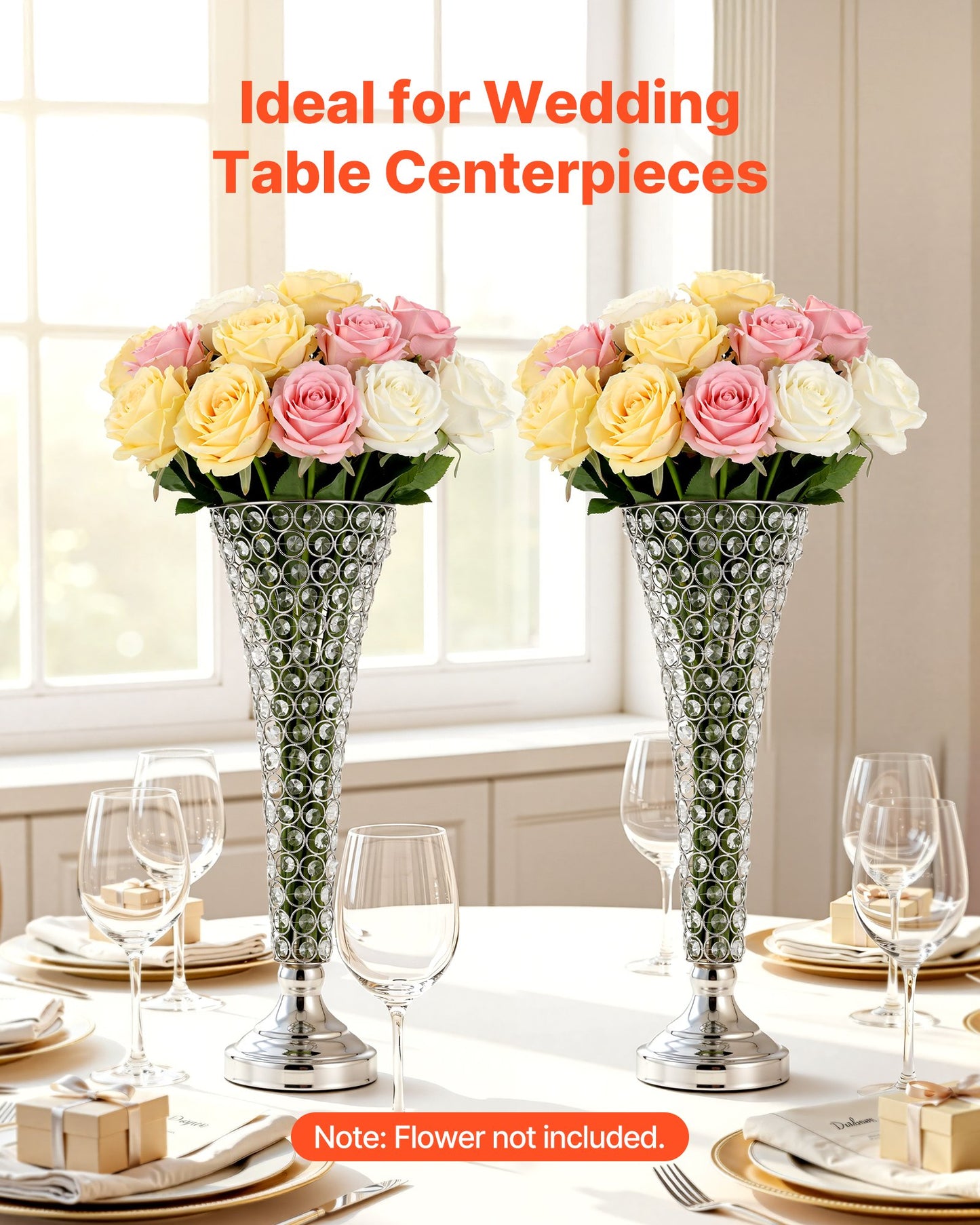 4 Pack Tall Crystal Vase Centerpieces for Weddings & Events - Silver