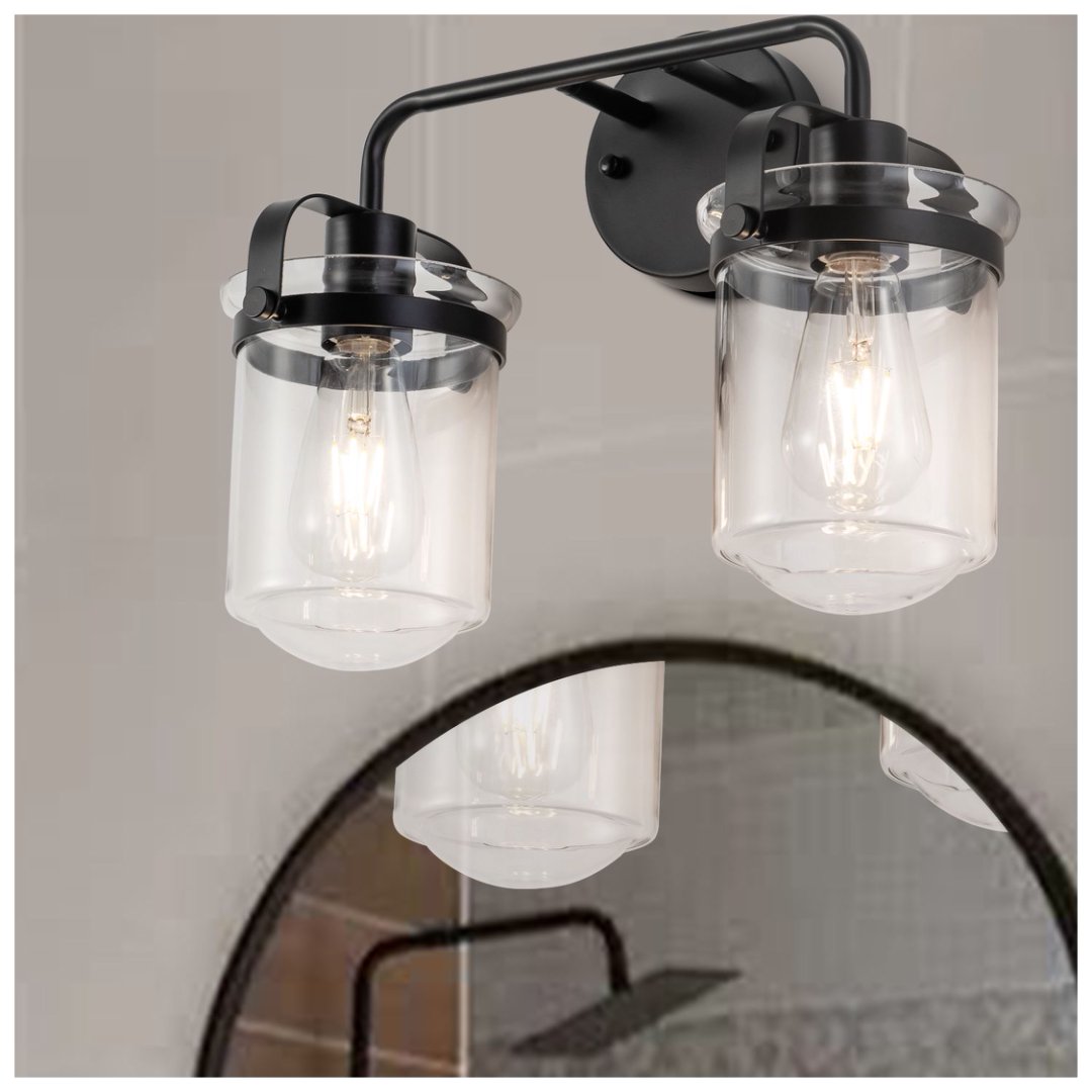 Modern Black Wall Sconce Light with Clear Glass Shade - Indoor Indoor Fixture for Bathroom Bedroom Living Room Kitchen Sink - E26 Socket