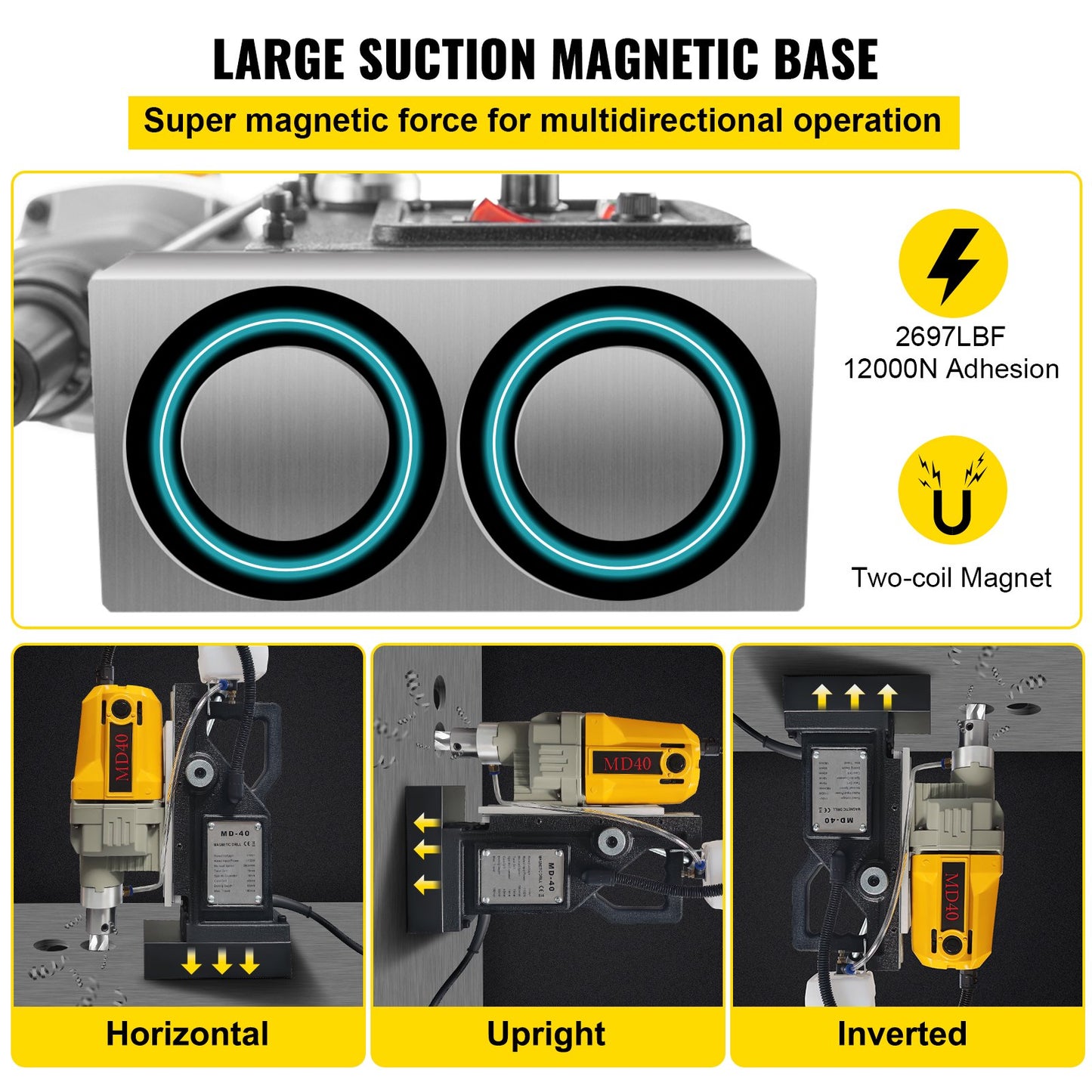 1100W Magnetic Drilling Machine with 12 Bits, 2-Inch Capacity, Portable Electric Mag Drill, Yellow