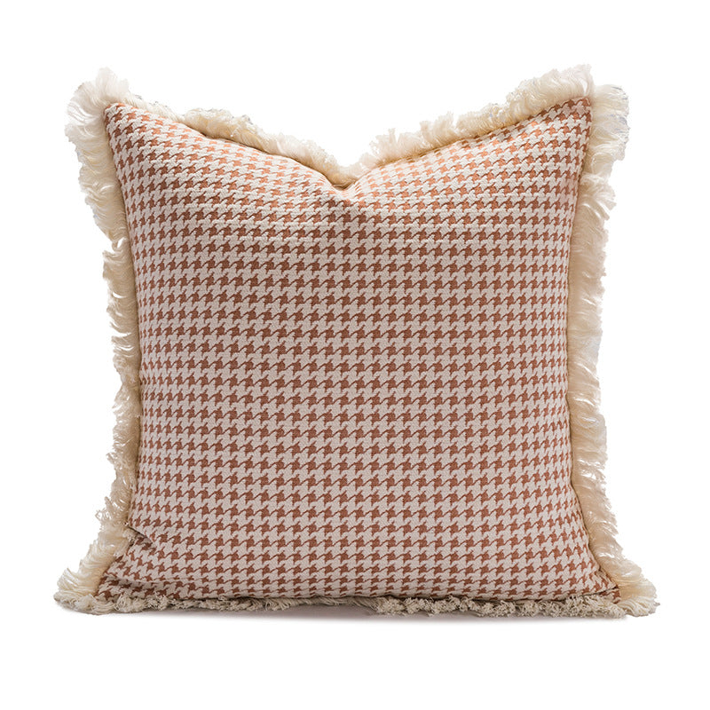 Decorative Tassel Lace Pillow Cover - Modern Houndstooth & Orange Cushion Case