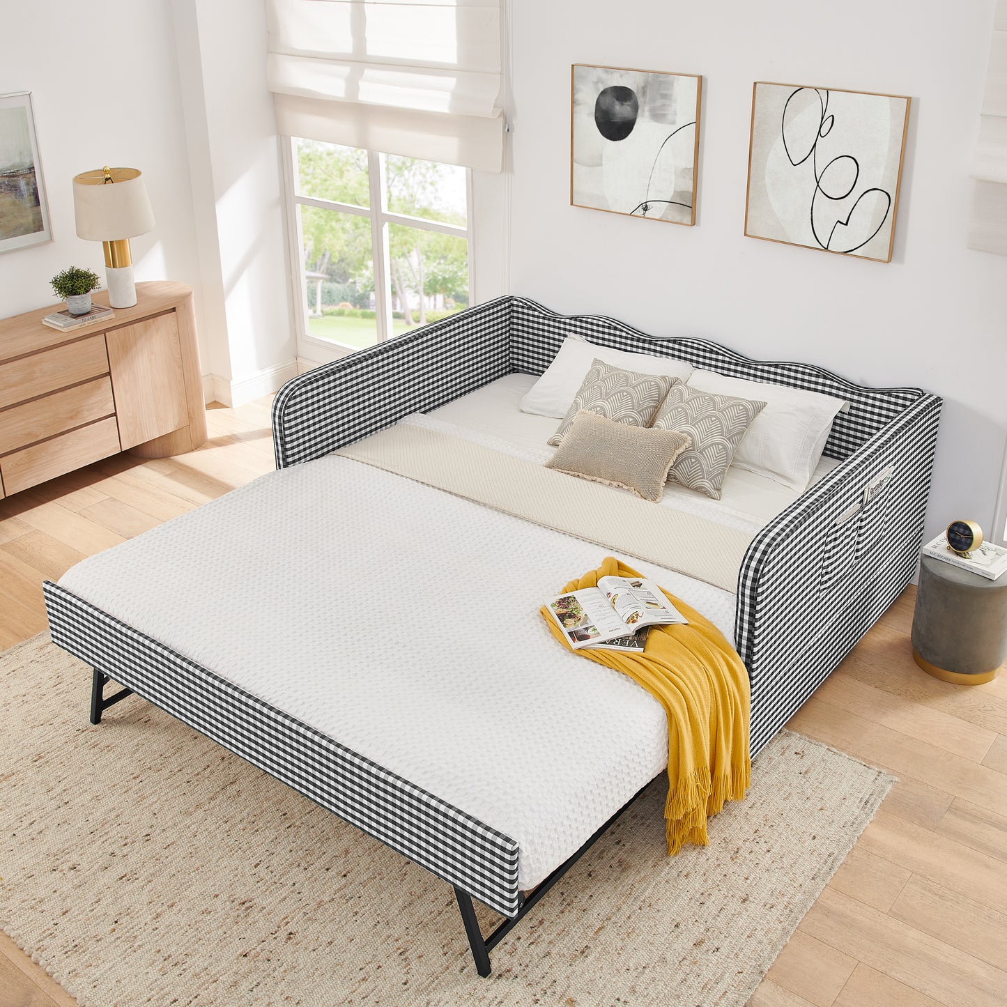Full-Size Gingham Upholstered Daybed with Trundle & Storage - Black