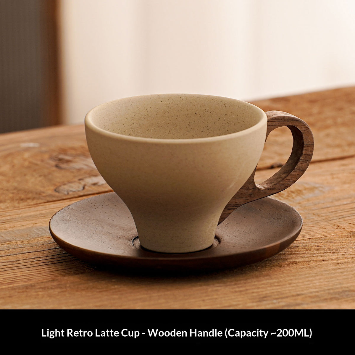Minimalist Ceramic Coffee Cup with Wooden Handle and Coaster - 200ml