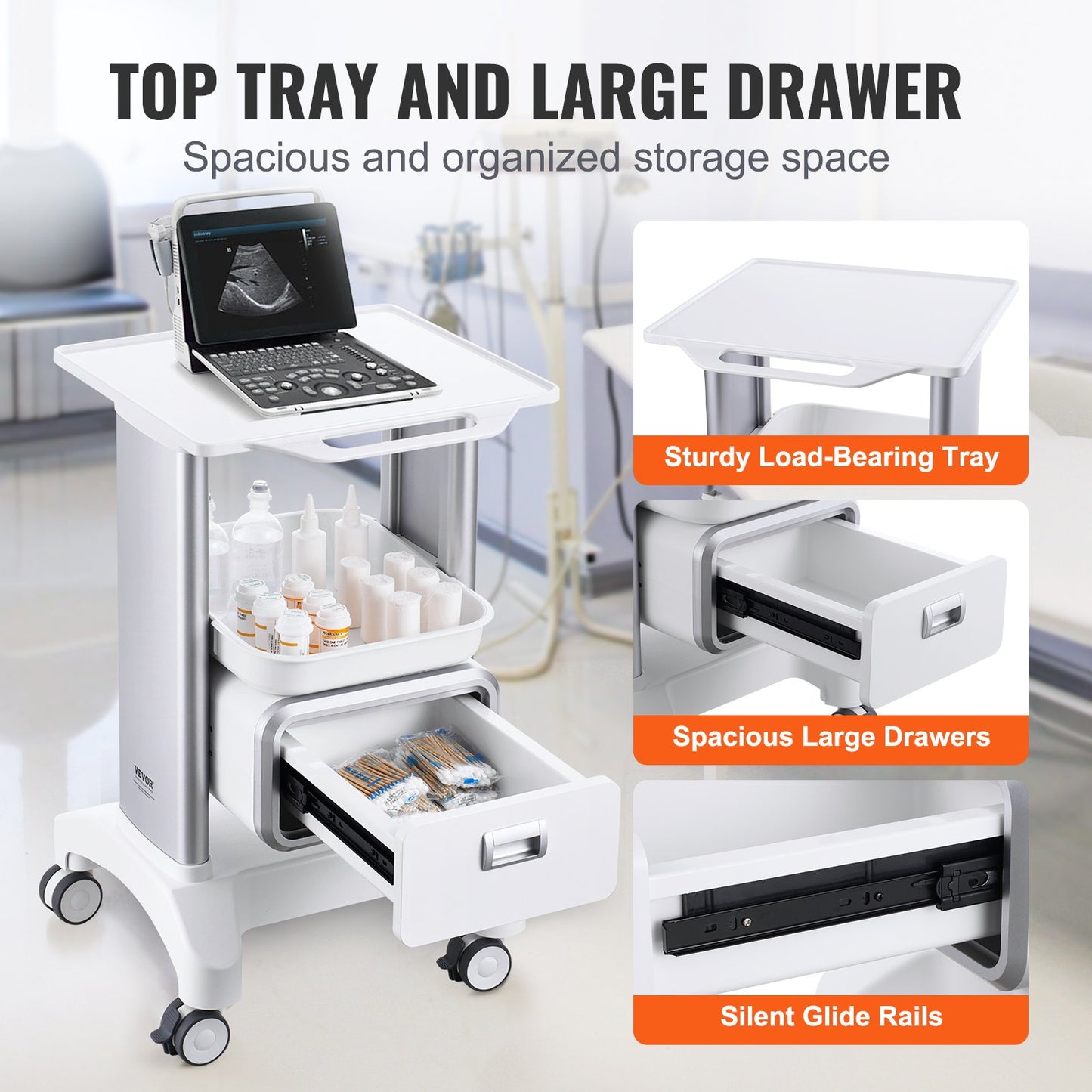 Mobile Medical Cart with Drawer & Top Tray - 2 Tiers, White