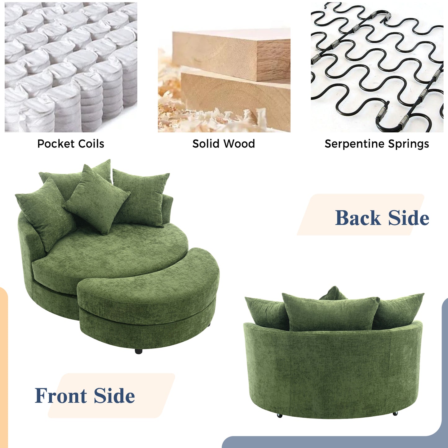 360° Swivel Accent Barrel Chair with Storage Ottoman & 4 Pillows - Green