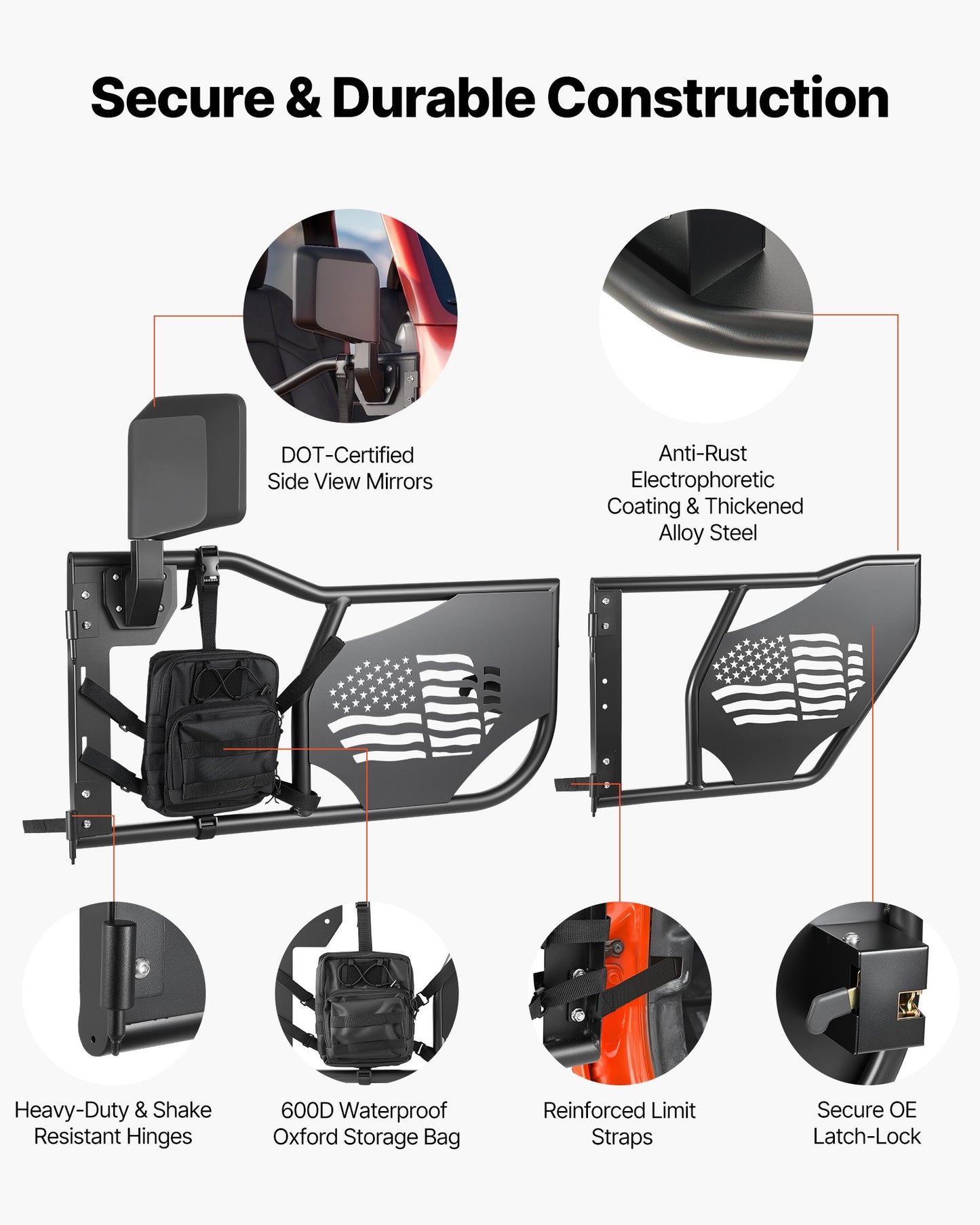 Jeep Tube Doors for 2007-2018 Wrangler JK Unlimited Off-Road Steel Half Doors with Mirrors