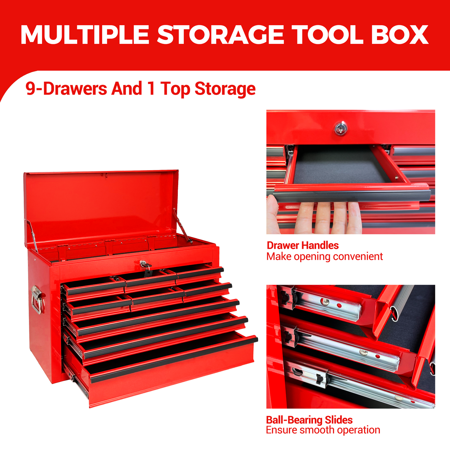 24-Inch Heavy Duty Metal Tool Box with 9 Drawers and Locking System - Red