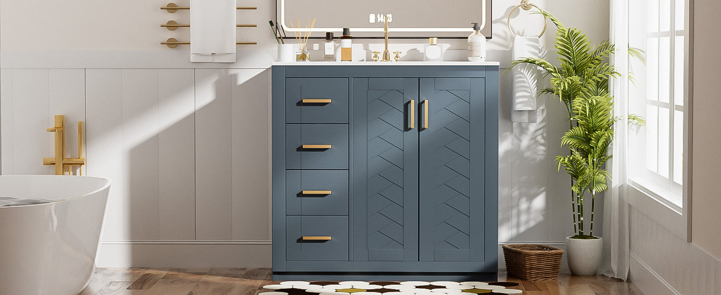 36-Inch Blue Bathroom Vanity with Ceramic Sink & Storage Cabinet