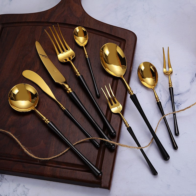 Stainless Steel Dinnerware Set with Black Gold Finish - Knife Fork Spoon