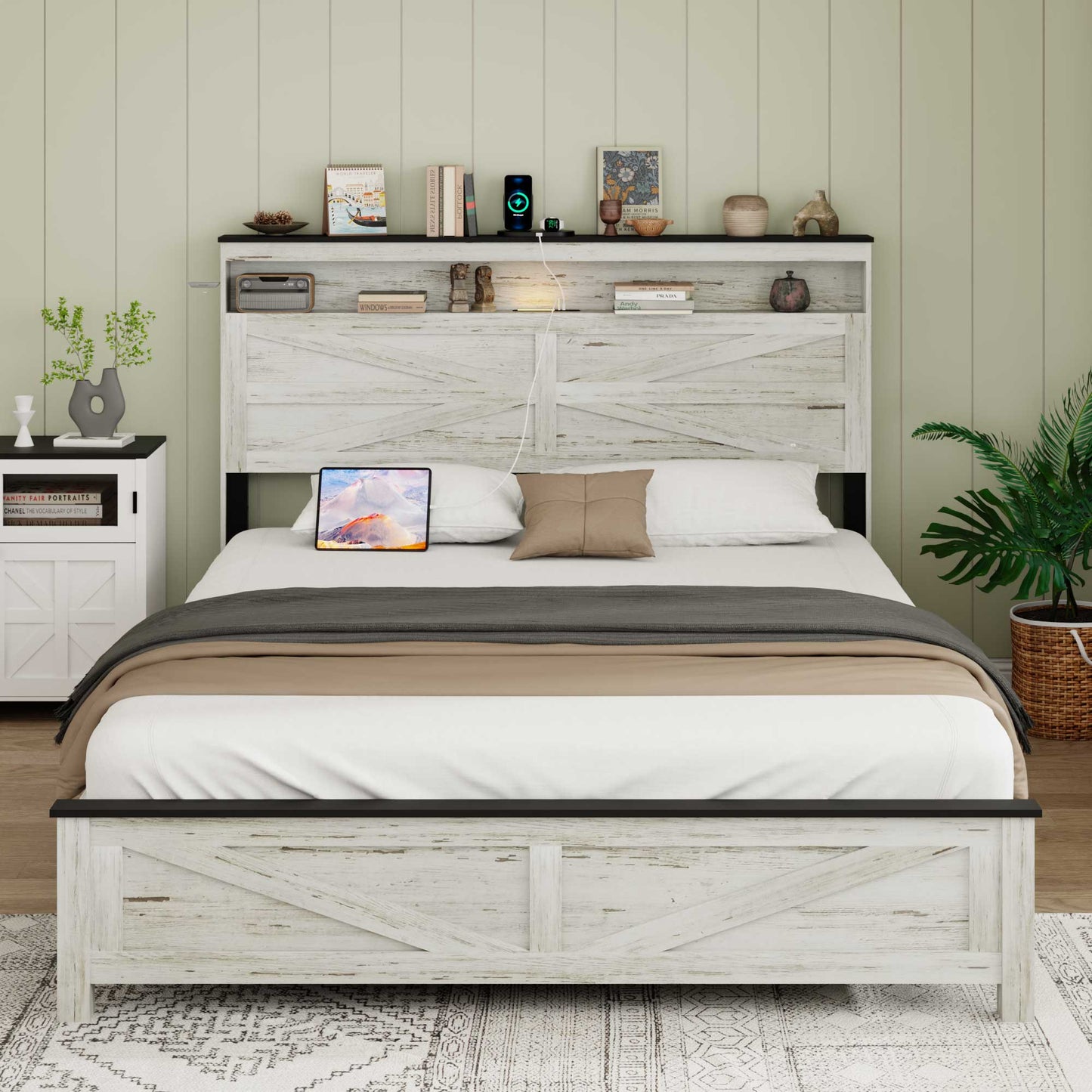 Queen Platform Bed Frame with LED, Charging Station & Storage